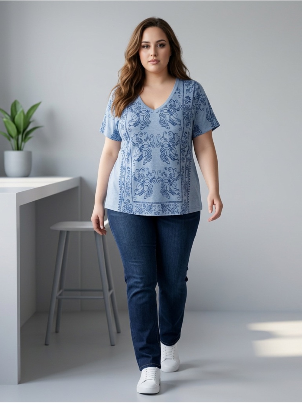 Lucky Brand women's V-neck printed cotton T-shirt Size 2XL